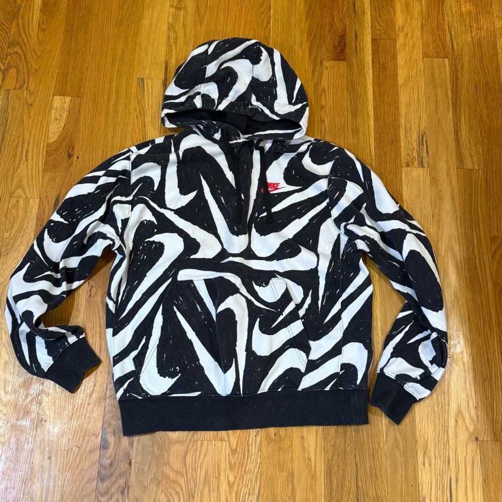 Nike Sportswear All Over Print Swoosh Hoodie Black White CK2230-010 Mens Medium